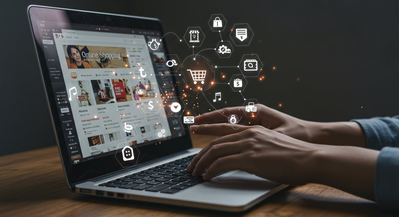 Hände die auf einem Laptop tippen und verschiedenen Icons in der Luft