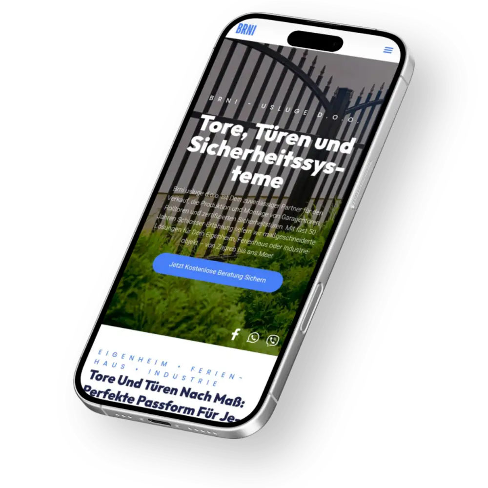 Smartphone Mockup mit der Webseite von Brni usluge d.o.o. auf dem Display